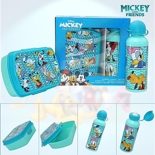 2 cajas de aperitivos de Mickey Mouse con botella de agua de 500 ml, juego de almuerzo duradero con personajes de dibujos animados para niños, botella de agua deportiva aislada