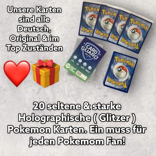 20 cartas de Pokémon originales con purpurina holográfica alemana, raras cartas de Pokémon Holo, diferentes cartas de sets actuales + Heartforcards® protección de envío