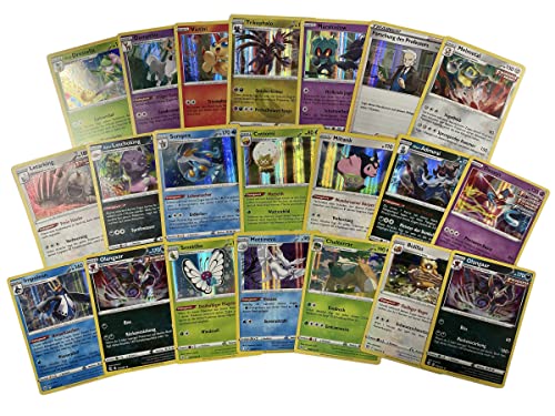 20 cartas de Pokémon originales con purpurina holográfica alemana, raras cartas de Pokémon Holo, diferentes cartas de sets actuales + Heartforcards® protección de envío