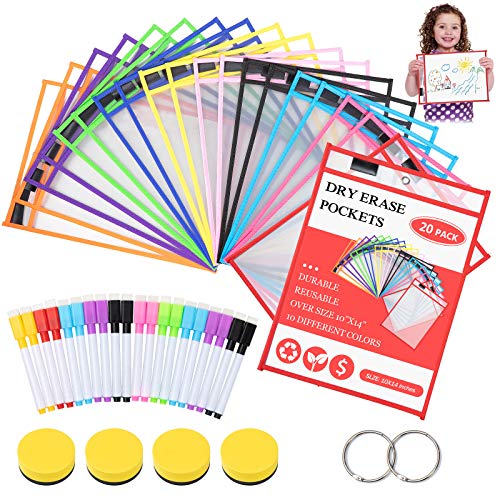 20 Pack Resuable Dry Erase Pockets, WolinTek Reutilizables Bolsillos de Borrado en Seco Colores con 20 Rotuladores y 4 Goma de Borrar,Ideal para Uso en la Escuela o en el Trabajo, 35×25.5cm