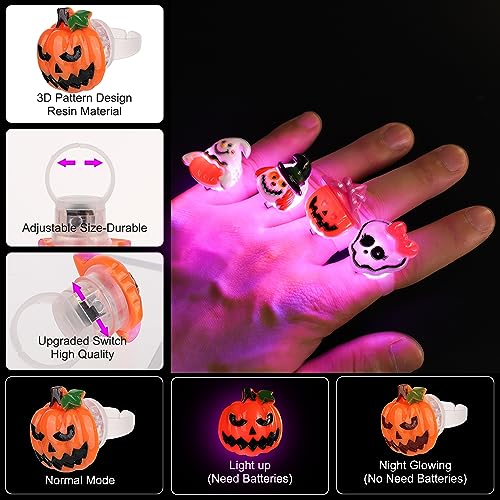 24 Piezas de Anillos de luz LED de Halloween en 3D, Anillos de Halloween Anillos Brillantes de Juguete para Niños y Adultos Anillos de Halloween para Fiestas Anillos de Halloween Regalos de Fies