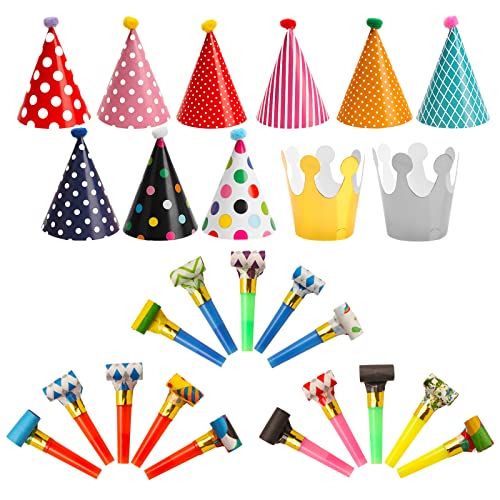 26 PCS Sombrero de Fiesta, 11 Cumpleaños Sombrero, 15 Sopladores Fiesta, Sombrero de Corona, Sombreros de Papel Fiesta, Sombreros de Cono, para Decoraciones de Fiesta, Cumpleaños, Niños , Adultos (A)