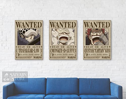 3 en 1 One Piece Anime Supernova Trio [estilo original] Wanted Poster Monkey D. Luffy Trafalgar Law Eustass Kid | Juego de 3 unidades DIN A3 (297 x 420 mm) mate