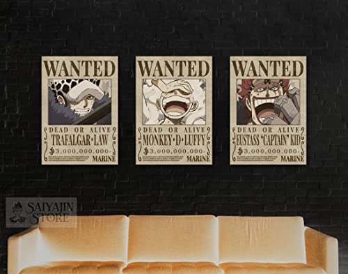 3 en 1 One Piece Anime Supernova Trio [estilo original] Wanted Poster Monkey D. Luffy Trafalgar Law Eustass Kid | Juego de 3 unidades DIN A3 (297 x 420 mm) mate