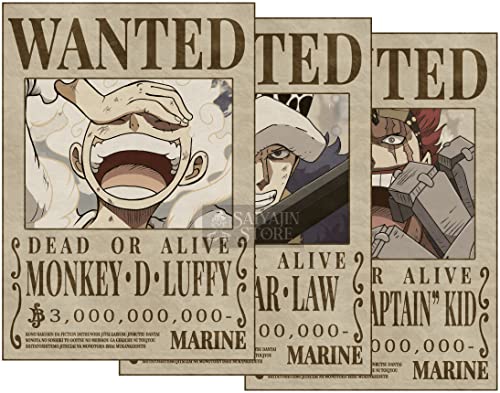 3 en 1 One Piece Anime Supernova Trio [estilo original] Wanted Poster Monkey D. Luffy Trafalgar Law Eustass Kid | Juego de 3 unidades DIN A3 (297 x 420 mm) mate