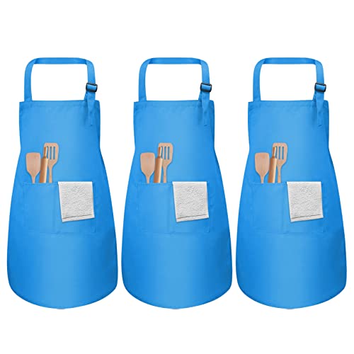 3 Pcs Delantales para Niños, Ajustable Delantal de Cocina Niño Niña 3-12 Años, Convenientes Delantal para Pintar Infantil con 2 Bolsillo, Niñito Delantal de Cocinero para Hornear Escuela(Azul)