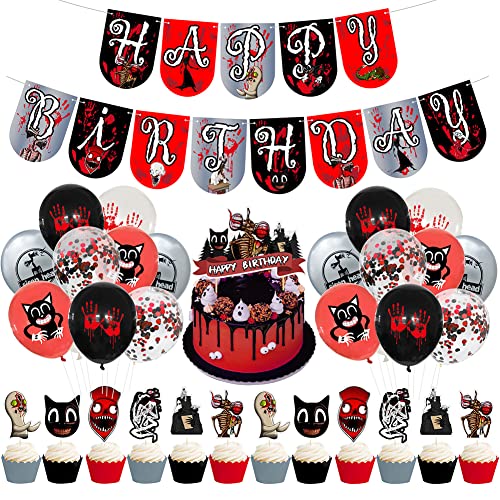 34 Pieza Juego de Terror Decoraciones de Fiesta Pancarta de Feliz Cumpleaños Cake Topper Juego de Globos para Niños Adolescentes Suministros de Fiesta