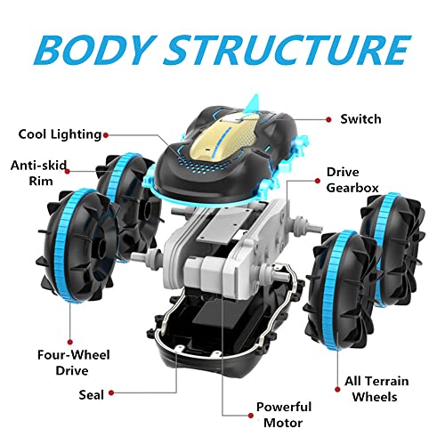 3T6B Coche Teledirigido Coche de Juguete Anfibio, 2.4GHz Carrera Teledirigido Anfibia con Luces, 2 Baterías, 6ch 360° Giratorio Coche RC, Off Road Playa Piscina Juguete Stunt Auto Racing para Niños