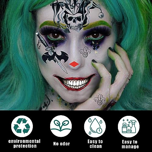 4 Hojas Tatuajes Temporales de Halloween + Cera Temporal Para Teñir el Cabello Verde,Tatuajes Joker Tattoos Halloween, Tattoos Esqueleto Cráneo Pegatinas para Fiesta de Carnaval Halloween Cosplay