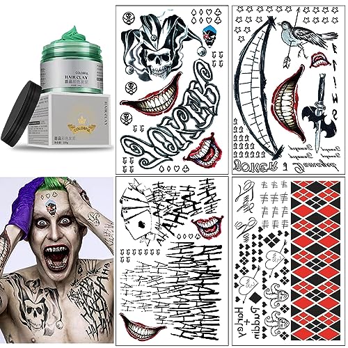 4 Hojas Tatuajes Temporales de Halloween + Cera Temporal Para Teñir el Cabello Verde,Tatuajes Joker Tattoos Halloween, Tattoos Esqueleto Cráneo Pegatinas para Fiesta de Carnaval Halloween Cosplay