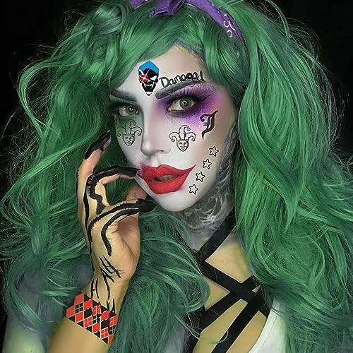 4 Hojas Tatuajes Temporales de Halloween + Cera Temporal Para Teñir el Cabello Verde,Tatuajes Joker Tattoos Halloween, Tattoos Esqueleto Cráneo Pegatinas para Fiesta de Carnaval Halloween Cosplay