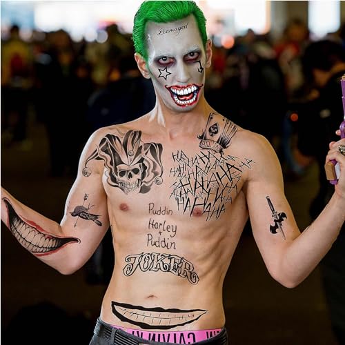 4 Hojas Tatuajes Temporales de Halloween, Tatuajes Joker Tattoos Halloween, Halloween Mascarada Craneo Cara Complete de maquillaje para Mujeres Hombres Adultos Fiesta de Carnaval Halloween Cosplay