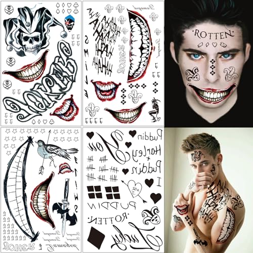 4 Hojas Tatuajes Temporales de Halloween, Tatuajes Joker Tattoos Halloween, Halloween Mascarada Craneo Cara Complete de maquillaje para Mujeres Hombres Adultos Fiesta de Carnaval Halloween Cosplay