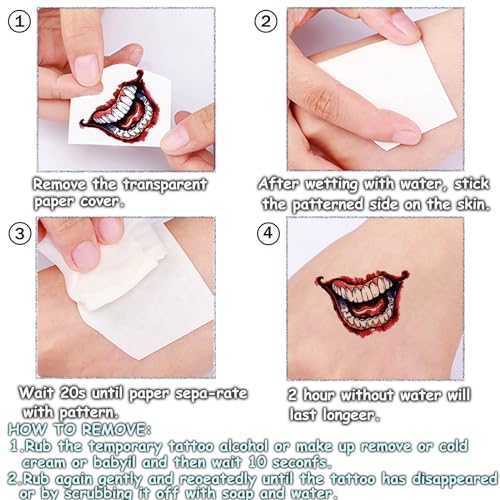 4 Hojas Tatuajes Temporales de Halloween, Tatuajes Joker Tattoos Halloween, Halloween Mascarada Craneo Cara Complete de maquillaje para Mujeres Hombres Adultos Fiesta de Carnaval Halloween Cosplay