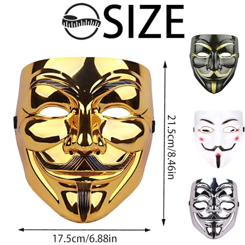 4 Piezas V para Vendetta Máscara, Máscara Anónima, Halloween Mask, Máscara Hacker, Máscara Juego Maestro para Adultos/Niños para Fiestas Disfraces Cosplay Carnaval Halloween(Blanco/Negro/Plata/Oro)