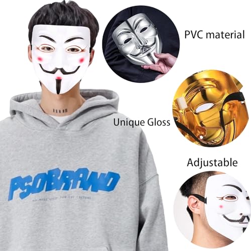 4 Piezas V para Vendetta Máscara, Máscara Anónima, Halloween Mask, Máscara Hacker, Máscara Juego Maestro para Adultos/Niños para Fiestas Disfraces Cosplay Carnaval Halloween(Blanco/Negro/Plata/Oro)