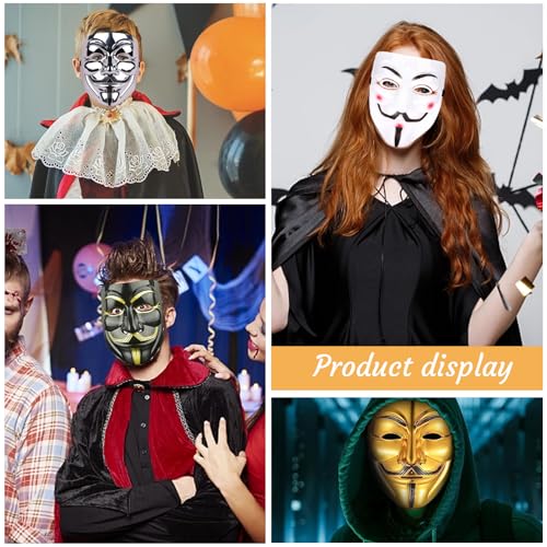 4 Piezas V para Vendetta Máscara, Máscara Anónima, Halloween Mask, Máscara Hacker, Máscara Juego Maestro para Adultos/Niños para Fiestas Disfraces Cosplay Carnaval Halloween(Blanco/Negro/Plata/Oro)