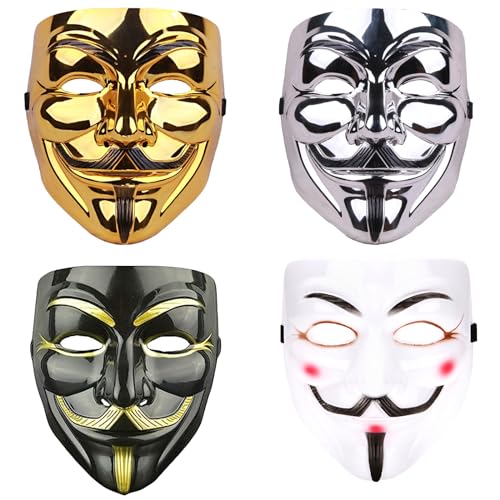 4 Piezas V para Vendetta Máscara, Máscara Anónima, Halloween Mask, Máscara Hacker, Máscara Juego Maestro para Adultos/Niños para Fiestas Disfraces Cosplay Carnaval Halloween(Blanco/Negro/Plata/Oro)