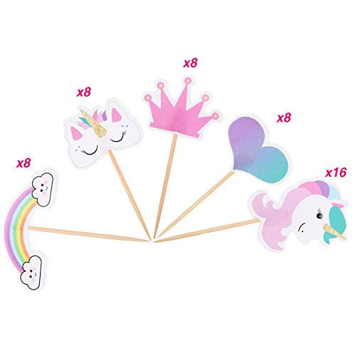 48 Piezas de Cake Topper de Unicornio Topper de Tartas en Corazón Corona Arco Iris Decoración de Pasteles para Fiesta Temática y Tarta de Cumpleaños