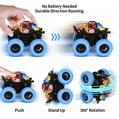 4pcs Monster Truck Coche de Juguete para niños a Partir de 3 a 10 años, Ruedas de Goma Grandes 4 x 4 vehículos de Potencia inercial, rotación de Acrobacias de 360°, Juegos de Coches de Carreras