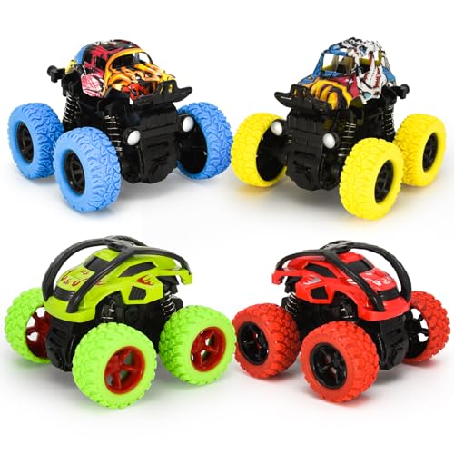 4pcs Monster Truck Coche de Juguete para niños a Partir de 3 a 10 años, Ruedas de Goma Grandes 4 x 4 vehículos de Potencia inercial, rotación de Acrobacias de 360°, Juegos de Coches de Carreras