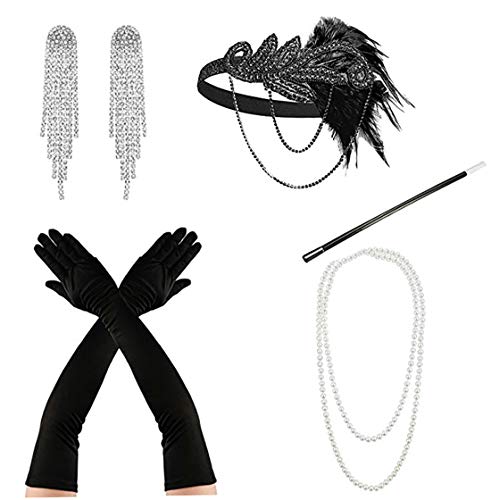 5 Piezas Flapper Accesorios Conjunto - Plumas Cuentas Diadema Long Guantes con Collar 1920 Fiesta Disfraz de Halloween(Set C)