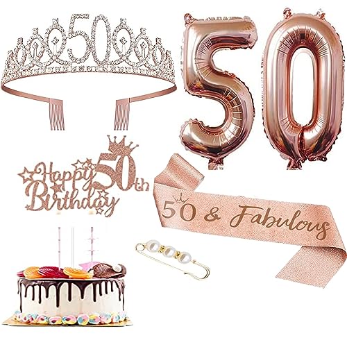 50 Años Corona Banda Cumpleaños,50 Años Tiara Corona y Faja de Oro Rosa 50th Cinturón de Cumpleaños Corona de Diamantes Globos Cake Topper per Torta di Compleanno 50 Regalo Cumpleaños Decoración