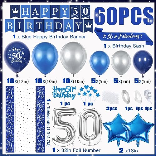 50 Años Decoraciones Cumpleaños Hombre, Globos 50 Cumpleaños Fiesta Azul Plata con 50 Happy Birthday Banner Birthday Sash Manteles Cake Topper para Hombres Adultos 50 Cumpleaños Fiesta