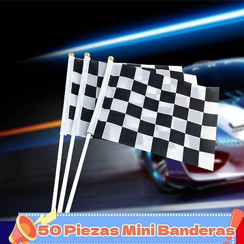 50 Piezas Mini Banderas a Cuadros en Palo Banderas Pequeñas de Manivela Blanco y Negro para el día Nacional Festivo, Fiestas, Desfiles, Juegos de fútbol, Eventos Deportivos, Decoración de Bares