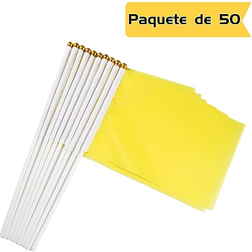 50 Piezas Mini Banderas Amarillo en Palo Banderas Pequeñas de Manivela Amarillo para el día Nacional Festivo, Fiestas, Desfiles, Juegos de fútbol, Eventos Deportivos, Decoración de Bares