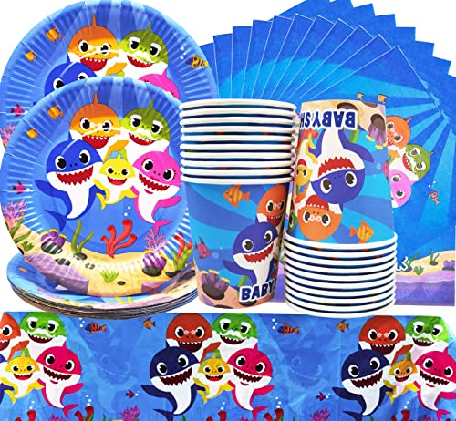 61 Piezas Vajilla de Fiesta de Tiburón, Conjunto de Suministros de Fiesta de Tiburón, Incluye Platos de Fiesta de Tiburón, Servilleta, Tazas, Manteles, Decoración de Fiesta de Cumpleaños Tiburón