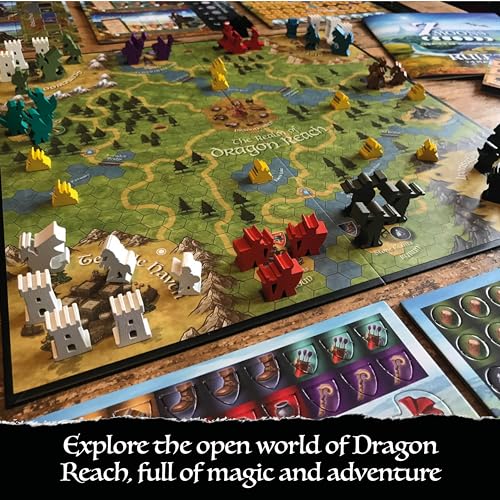 7 Moons: Heroes of Dragon Reach - Un juego de mesa de estrategia de fantasía estilo mazmorras y dragones para 1-4 jugadores, edición de lujo con monedas de oro y meeples personalizados