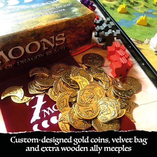 7 Moons: Heroes of Dragon Reach - Un juego de mesa de estrategia de fantasía estilo mazmorras y dragones para 1-4 jugadores, edición de lujo con monedas de oro y meeples personalizados