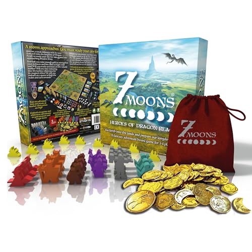 7 Moons: Heroes of Dragon Reach - Un juego de mesa de estrategia de fantasía estilo mazmorras y dragones para 1-4 jugadores, edición de lujo con monedas de oro y meeples personalizados