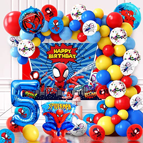 75 Pcs Globos Spiderma 5 Años, Decoración Spiderma Cumpleaños 5 Años, Spiderma Globos Helio Niño, Decoracion Spiderma Cumpleaños Arco De Globos, Telon De Fondo Spiderma Cumpleaños 150 x 100cm