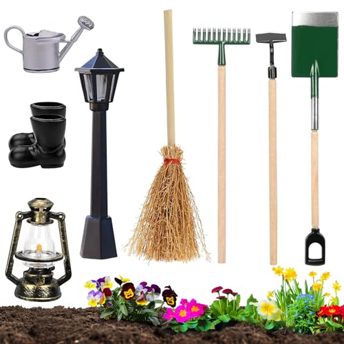 8 Piezas Juego de Accesorios Jardin en Miniatura, FUKPO Miniaturas para Casa de Muñecas Miniatura Jardin, Miniaturas para Mini Jardin Zapatos Lámpara de Aceite Regadera Farol Escoba Rastrillo Azada