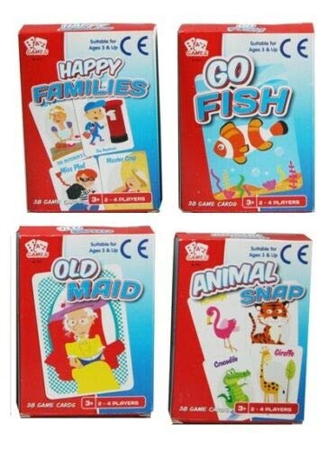 A - Z Paquete de 4 juegos de cartas clásicos Chldrens para niños, diversión de viaje Old Maid Animal Snap Go Fish