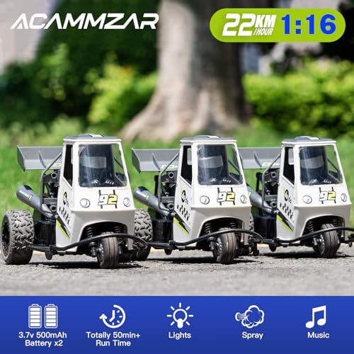 ACAMMZAR Coche Teledirigido, 1/16 RC Coche Motocicletas con 22+Km/h, 2.4GHz Crawler Camiones con 2 Baterías 50min, Dirección proporcional, Spray, Música, Luces, Regalo para Niños y Adultos