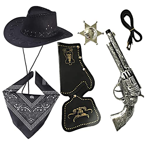 Accesorios de Disfraces de Vaquero Sombrero de Vaquero Bandana Juego de Vaquero para la Fiesta de Carnaval Cosplay Halloween Navidad (Negro)