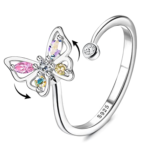 Adramata Anillo Antiestres Mujer de Plata de Ley 925 CZ Mariposa Anillo Ansiedad Ajustables Brillante Spinner Anillo Plata Mujer Fidget Anillo con Ansiedad