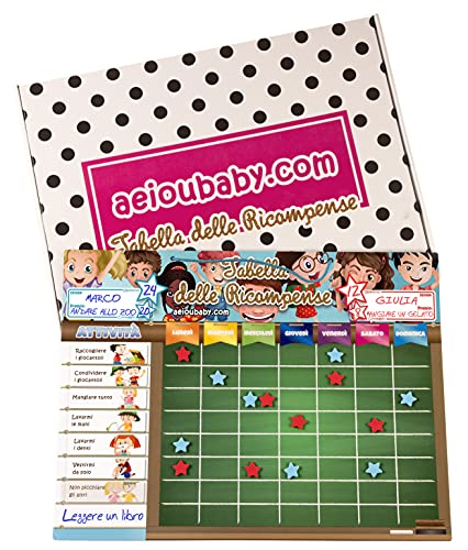 aeioubaby.com Tabla RECOMPENSAS Magnética Grande | Pizarra de tareas para Pared o Frigorífico, 43x32cm 22 Actividades, 2 rotuladores y 1 Globo | Presentación Caja niños, cumpleaños (Italiano)