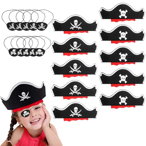 AHRITA 20 Piezas Conjunto de Sombrero Pirata, Sombrero de Calavera, 10 Gorro Pirata y 10 Parche Pirata Disfraz Pirata Niños para Cumpleaños Infantil Fiesta Pirata