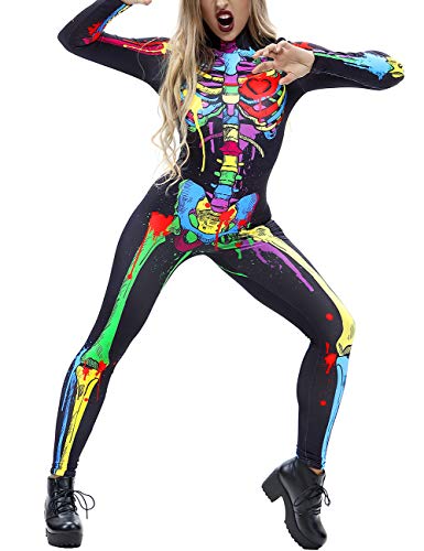 AIDEAONE Disfraz de Halloween Huesos de Mujer Mono Catsuit Traje de Esqueleto Carnaval M