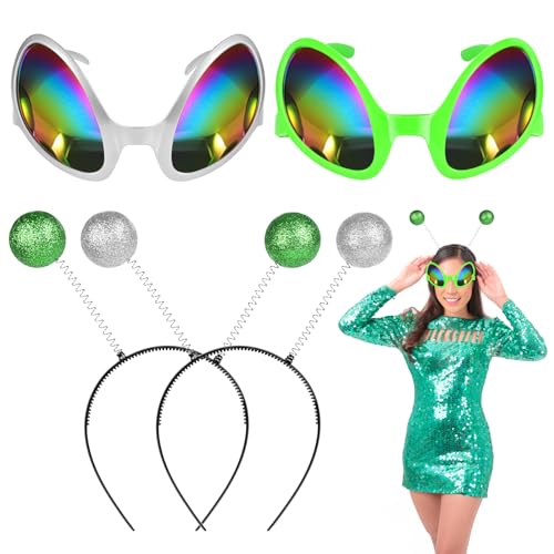 Ainiv 4Pz Accesorios de Disfraz de Alien 2Piezas Gafas Extraterrestres con Lentes Arcoíris y 2Piezas Diadema de Antena Accesorios de Disfraz para Fiestas de Disfraces para Adultos y Niños Halloween