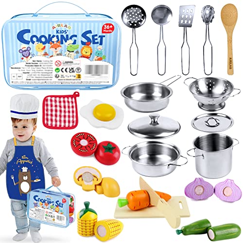 Airlab Cocina Juguete Madera, Utensilios Accesorios de Cocinita Infantil, Frutas y Verduras para Cortar, Menaje Comiditas de Ollas con Delantal y Gorro de Chef, Juguete Educativos para Niñas Niños