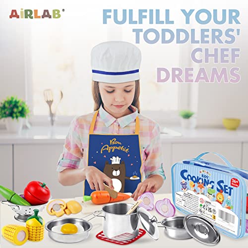 Airlab Cocina Juguete Madera, Utensilios Accesorios de Cocinita Infantil, Frutas y Verduras para Cortar, Menaje Comiditas de Ollas con Delantal y Gorro de Chef, Juguete Educativos para Niñas Niños