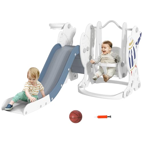 AIYAPLAY Juego de Tobogán y Columpio para Niños 3 en 1 Columpio para Niños de 18-48 Meses Tobogán para Bebés con Aro de Baloncesto Carga 30 kg 150x185x92 cm Blanco y Azul