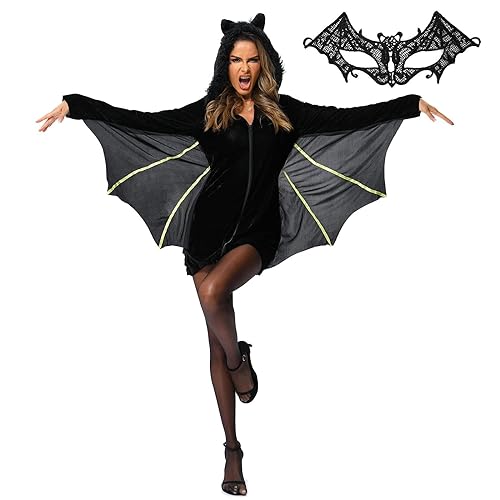 AlagiFun Disfraz de Halloween para mujer,disfraz de alas de murciélago negro,traje de vampiro,vestido de fantasía, fiesta,cosplay, para adultos,mujer M,JYTLQ-BatM-0314