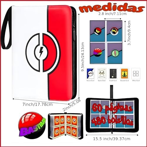 Álbum de Cartas Pokémon, Álbum de Cartas Coleccionables TCG, Álbum para 480 Cartas Coleccionables Compatible con Pokémon Vmax, V, GX, EX, Magic MTG, Yugioh, Carpeta 4 Bolsillos para Cartas Pokémon