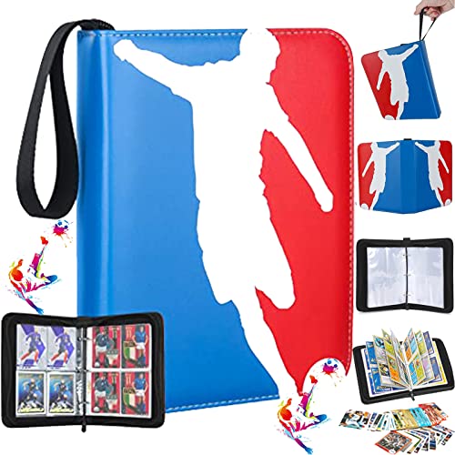 Álbum para Cartas, Álbum de Recortes de Fútbol, Album Tarjetas Coleccionables, Album Tarjetas Cremallera, 50 Páginas, Capacidad para 400 Tarjetas, Para Niño y Niña, Juego de Cartas (Azul Rojo)